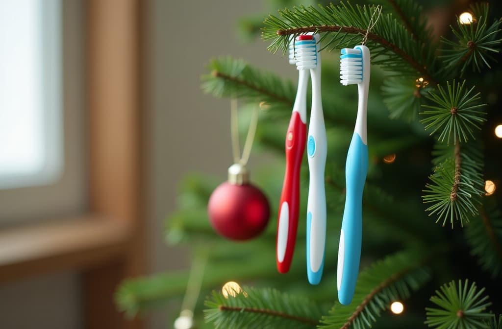  advertising style, stock photo, corporate branding style toothbrushes hang on the christmas tree ar 3:2 . professional, clean, modern, product focused, commercial, eye catching, minimalist, business oriented, highly detailed