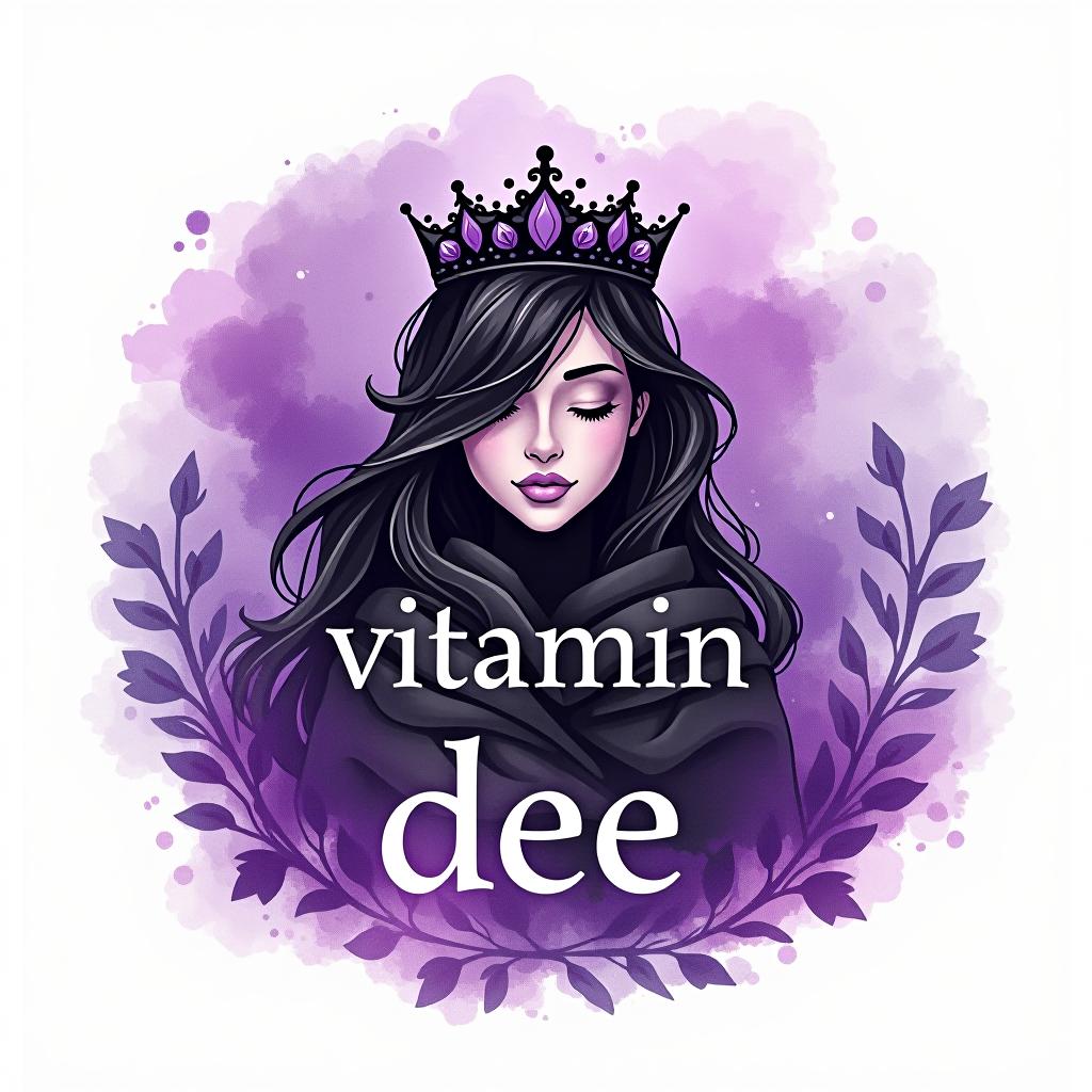  design a logo, in a watercolor style. princess black and purple spiritual, with the text 'vitamin dee'.