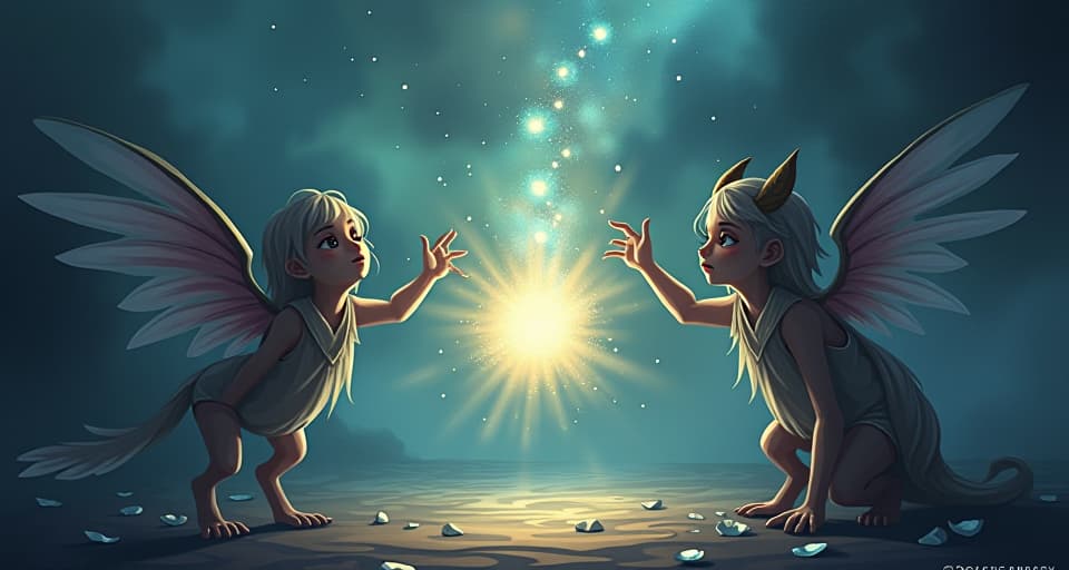  mystical beings trying to recreate a radiant aura, their attempts falling short. mood: desperate, lacking.. the style is digital art illustration,highly detailed, whimsical,magical, dreamlike atmosphere, realism and fantasy blend, smooth, glossy textures,luminous quality, wonder and enchantment.