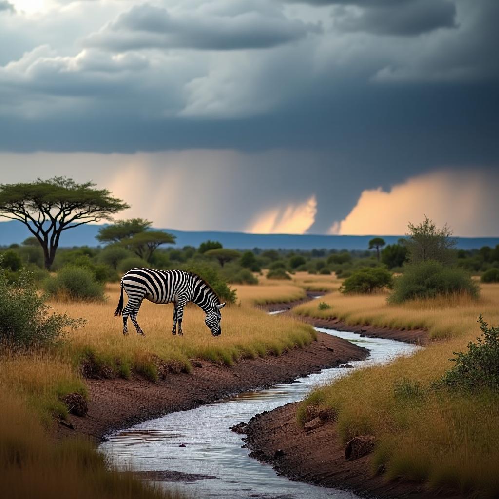  photoreal. professional. photorealistic+++++. a lone zebra grazing in the african bush. it is the dry season. a storm is maybe approaching in the far distance. detailed african bushveld flora. a dry riverbed. uhd. ultra detailed. best quality photo. intricate details. give attention to the finest details.