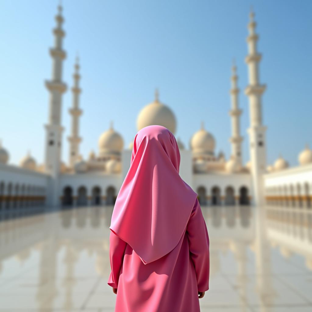  a muslim girl in pink clothing is standing with her back to the camera and looking at the mosque.