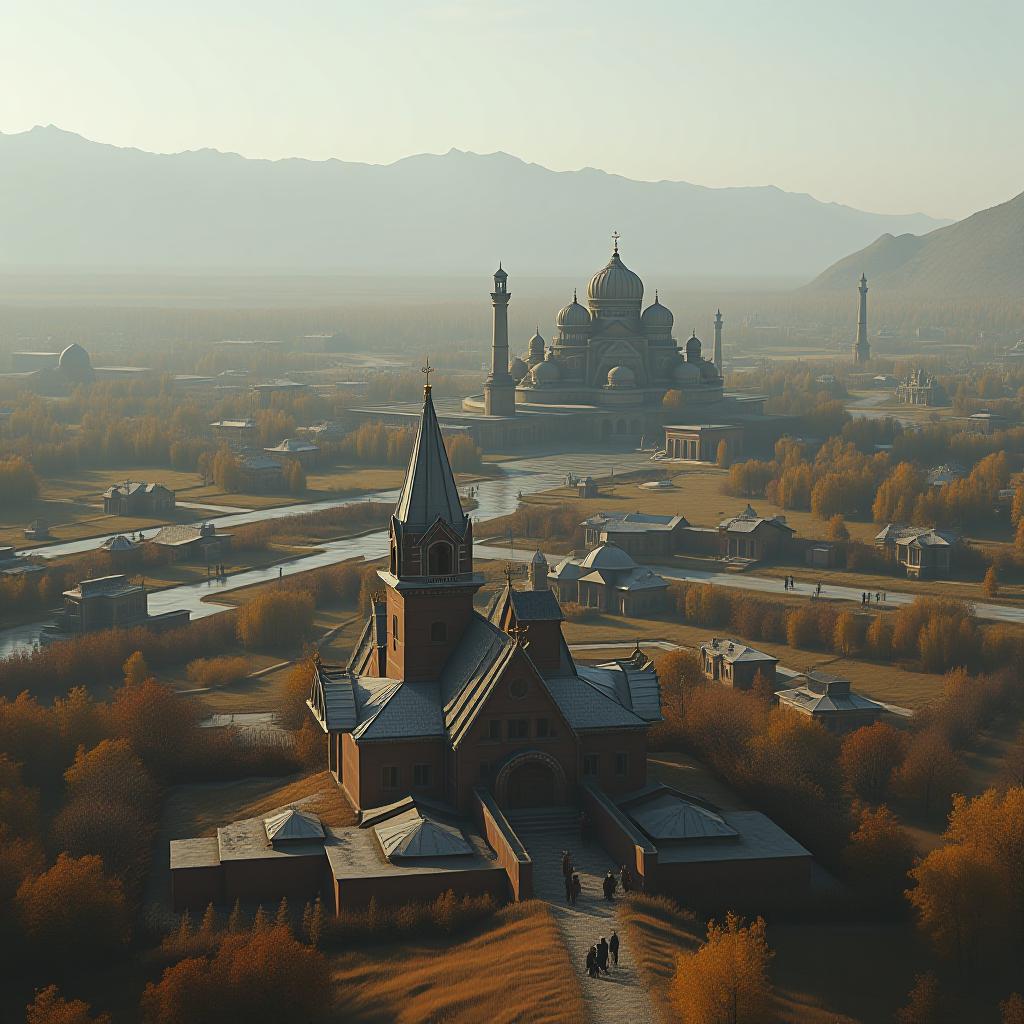  a visual of the ancient appearance of a place in the central part of kazakhstan. the visual should include plenty of historical and cultural elements. it should also be a city view. specifically astana hyperrealistic, full body, detailed clothing, highly detailed, cinematic lighting, stunningly beautiful, intricate, sharp focus, f/1. 8, 85mm, (centered image composition), (professionally color graded), ((bright soft diffused light)), volumetric fog, trending on instagram, trending on tumblr, HDR 4K, 8K