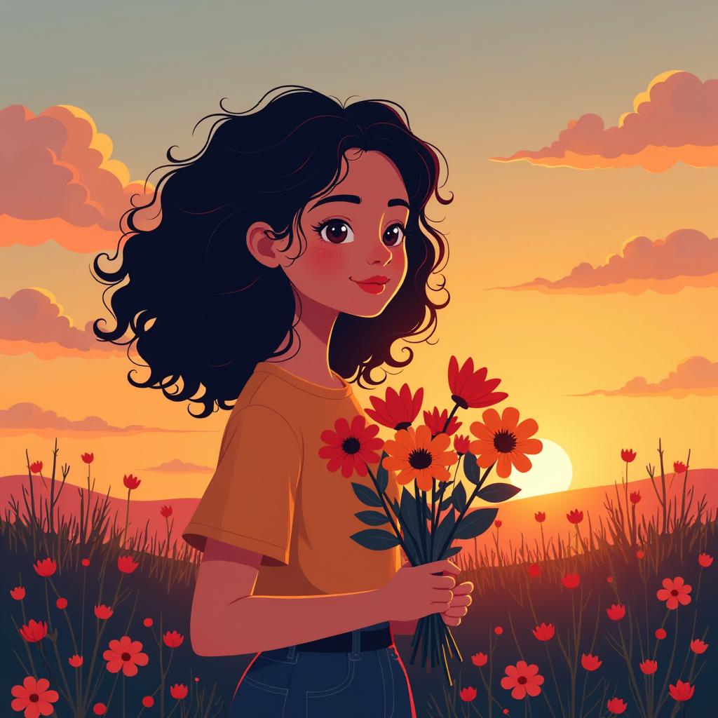  flat illustration, flaticon, (illustration:1.15), girl with curly black hair holding bouquet of bright flowers at sunset, [cory loftis, strobist, pascal campion :: 0.2]