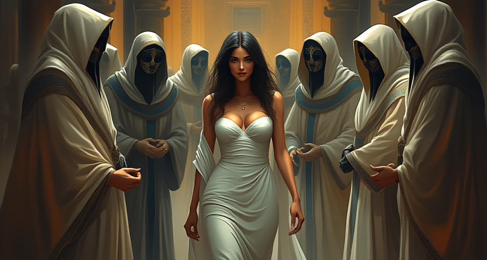  masked figures in flowing robes with gilded edges, large busted woman in tight, gauzy white dress among them, exchanging false smiles and nods, atmosphere of deceptive kindness. the style is digital art illustration / modern comic book / mysterious occult, symbolic, esoteric vibe,high detail on character design, incorporating ancient egyptian symbology and attire.