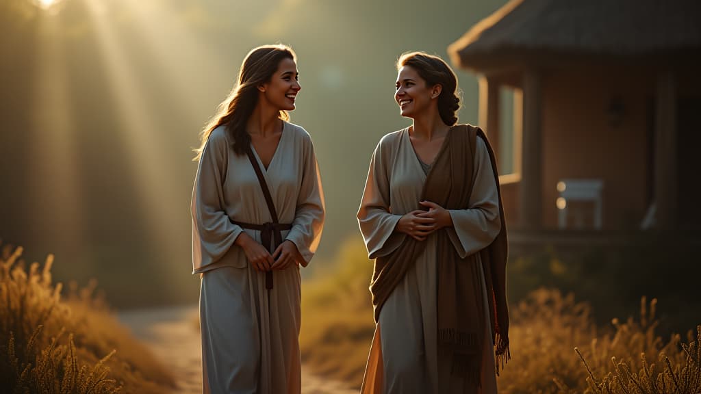  history of biblical times, rebecca joyfully returning home to her mother, excitedly sharing the story of the kind servant and the gifts she received. hyperrealistic, full body, detailed clothing, highly detailed, cinematic lighting, stunningly beautiful, intricate, sharp focus, f/1. 8, 85mm, (centered image composition), (professionally color graded), ((bright soft diffused light)), volumetric fog, trending on instagram, trending on tumblr, HDR 4K, 8K