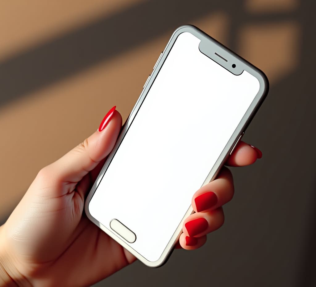  hand with great color nail design holds big phone with white screen