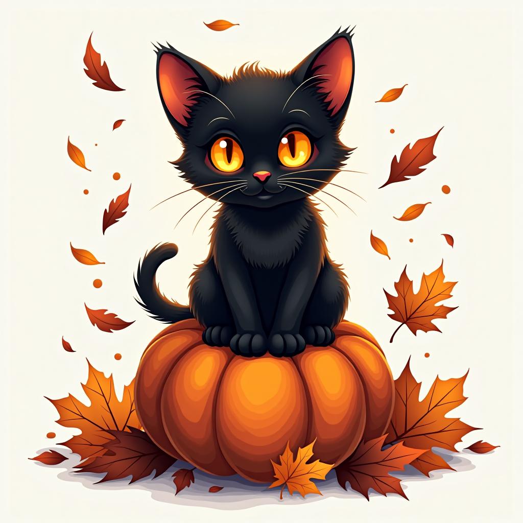  a cute black cat with glowing eyes sitting on a pumpkin, surrounded by swirling autumn leaves in a whimsical style, with warm, moody lighting. t shirt design, vector, contour, white background, no mockup hyperrealistic, full body, detailed clothing, highly detailed, cinematic lighting, stunningly beautiful, intricate, sharp focus, f/1. 8, 85mm, (centered image composition), (professionally color graded), ((bright soft diffused light)), volumetric fog, trending on instagram, trending on tumblr, HDR 4K, 8K