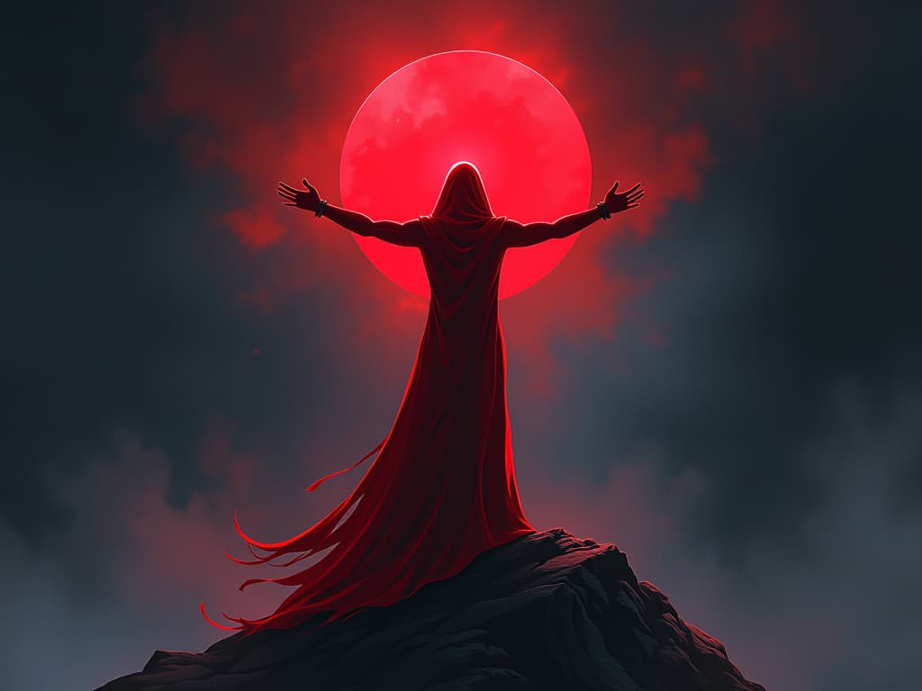  shining figure in red, standing tall with newfound strength, air of self discovery and empowerment. the style is digital art illustration / modern comic book / graphic dark novel fantasy and mysterious occult, symbolic, moody lighting, esoteric vibe,high detail on character design. for the color scheme emphasize blacks and reds.