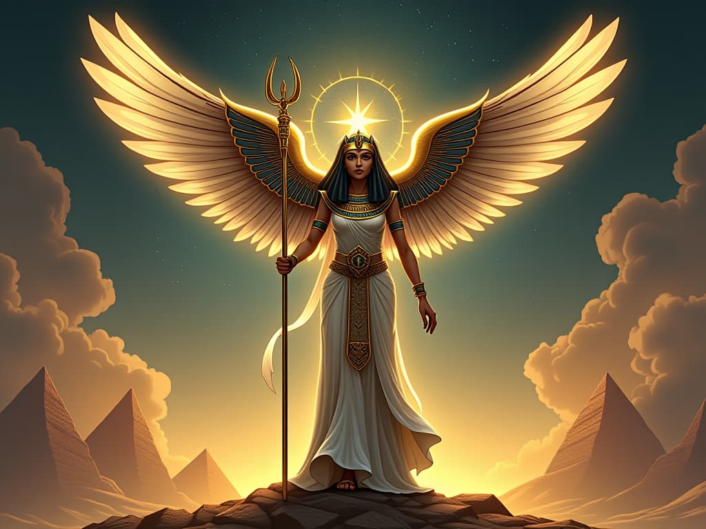  an ancient egyptian angelic figure, wings outstretched, standing in a celestial landscape with stars twinkling above, holding a golden staff, symbolizing fulfilling a divine purpose. the style is digital art illustration / modern comic book / mysterious occult, symbolic, esoteric vibe,high detail on character design, incorporating ancient egyptian symbology and attire.