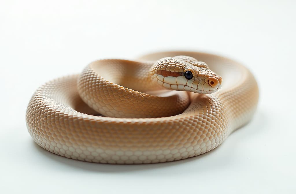  professional detailed photography, year of the snake, beautiful snake on a white background ar 3:2, (muted colors, dim colors, soothing tones), (vsco:0.3)