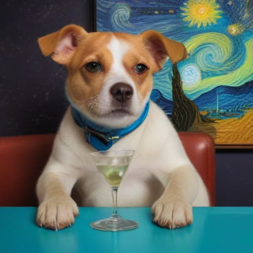 A dog drinking a martini while using a cell phone in Van Gogh style with Space background