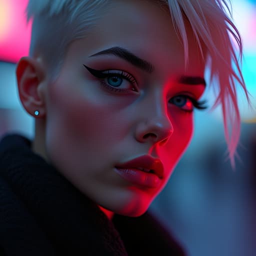  ultra realistic close up portrait ((beautiful pale cyberpunk female with heavy black eyeliner)), blue eyes, shaved side haircut, hyper detail, cinematic lighting, magic neon, dark red city, canon eos r3, nikon, f/1.4, iso 200, 1/160s, 8k, raw, unedited, symmetrical balance, in frame, 8k hyperrealistic, full body, detailed clothing, highly detailed, cinematic lighting, stunningly beautiful, intricate, sharp focus, f/1. 8, 85mm, (centered image composition), (professionally color graded), ((bright soft diffused light)), volumetric fog, trending on instagram, trending on tumblr, HDR 4K, 8K