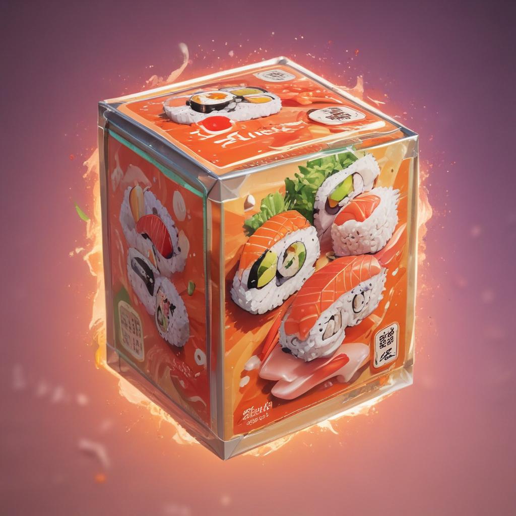 distance-shot, flashy, full-body, dynamic, holographic, animated cartoon poster of a take-out box of sushi in the style of dragon ball super