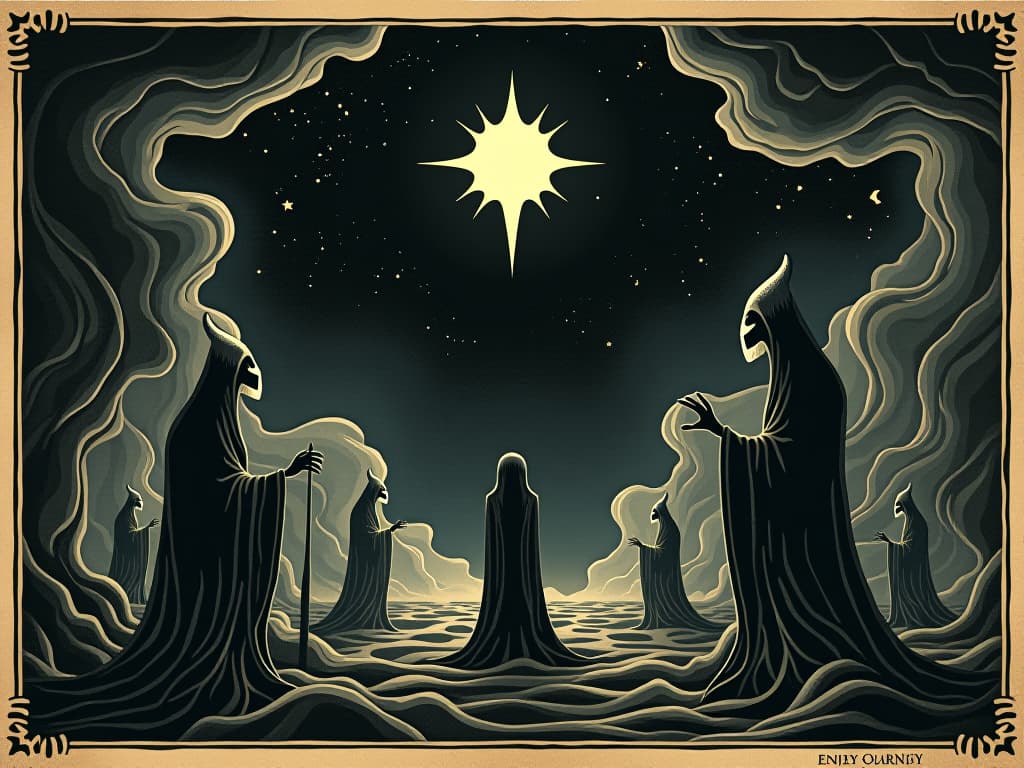  a lone, bright star in a dark night sky, surrounded by swirling, shadowy figures, their twisted forms emanating envy, calm amid chaos, power and grace. an illustration in the style of a worn, mystical old tarot trump card, mysterious and elements of surrealism. the colors are muted, somber and eerie, but with contrast bring out an occult and esoteric vibe.