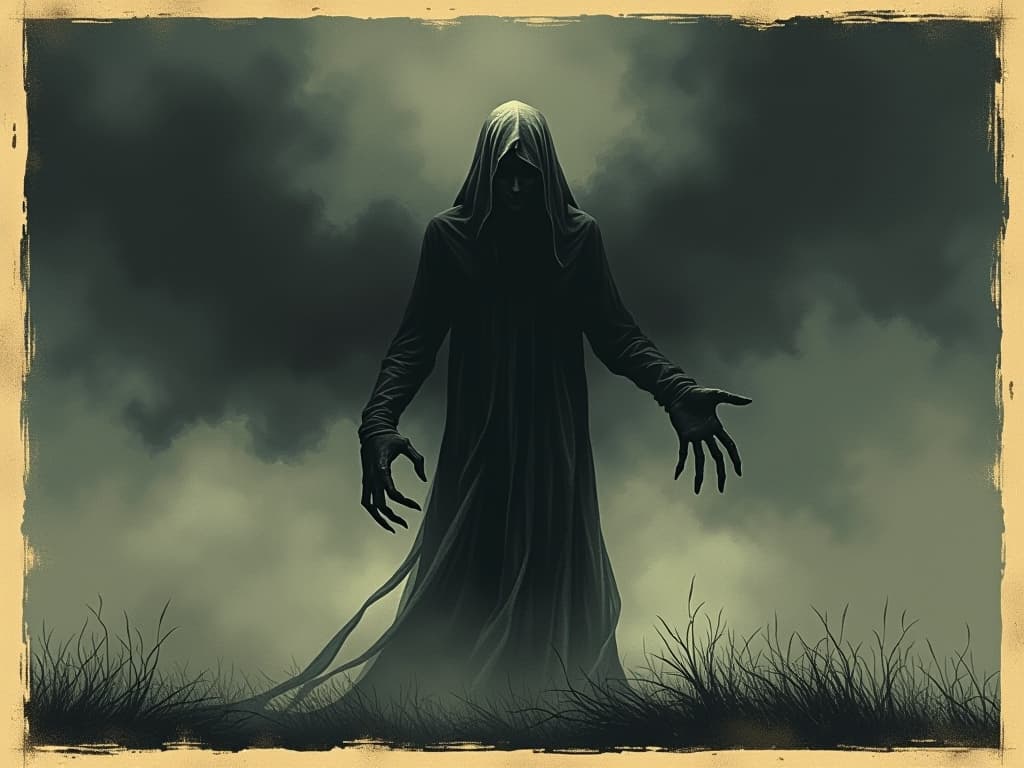  invisible, gnawing presence depicted as dark mist around a somber figure, edge of despair, haunting, ethereal. an illustration in the style of a worn, mystical old tarot trump card, mysterious and elements of surrealism. the colors are muted, somber and eerie, but with contrast bring out an occult and esoteric vibe.