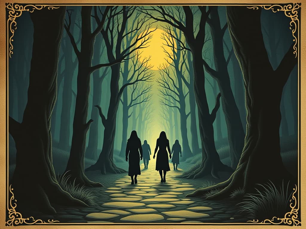  an illuminated path leading through a dark forest, figures walking purposefully, soft celestial light guiding the way, sense of destiny, fulfillment, potential. an illustration in the style of a worn, mystical old tarot trump card, mysterious and elements of surrealism. the colors are muted, somber and eerie, but with contrast bring out an occult and esoteric vibe.