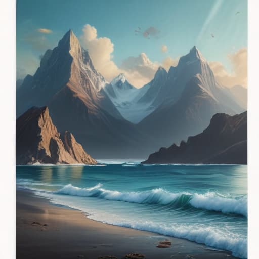 Ocean in Surrealist style with Mountains background