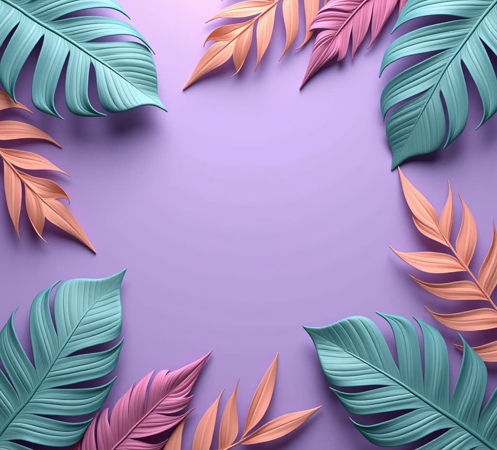  pastel tropical leaves on a purple background with copy space image