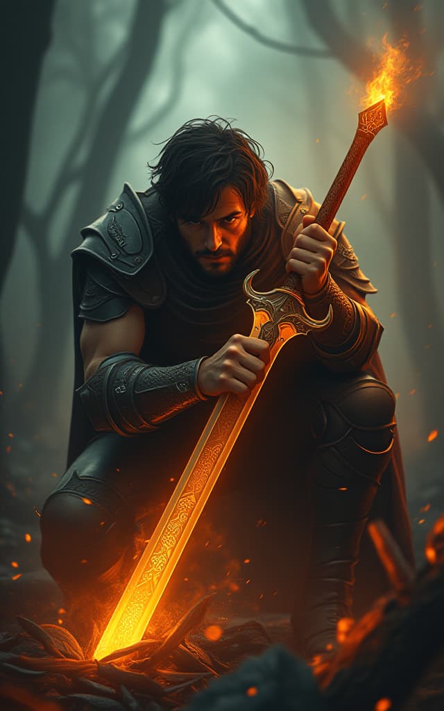  a fierce male warrior crouched low, gripping a long, ornate sword with both hands; illuminated by a fiery orange aura highlighting intricate golden designs on the blade and hilt; rugged expression, dark tousled hair flowing freely; clad in elaborate metallic armor with a dark cloak draping over his back; misty twilight forest background with dark looming trees; smoky ethereal air filled with glowing embers and sparks; earthy browns, oranges, and golds dominating the scene, contrasting with cooler dark greens and grays of the forest; creating a mystical, intense atmosphere