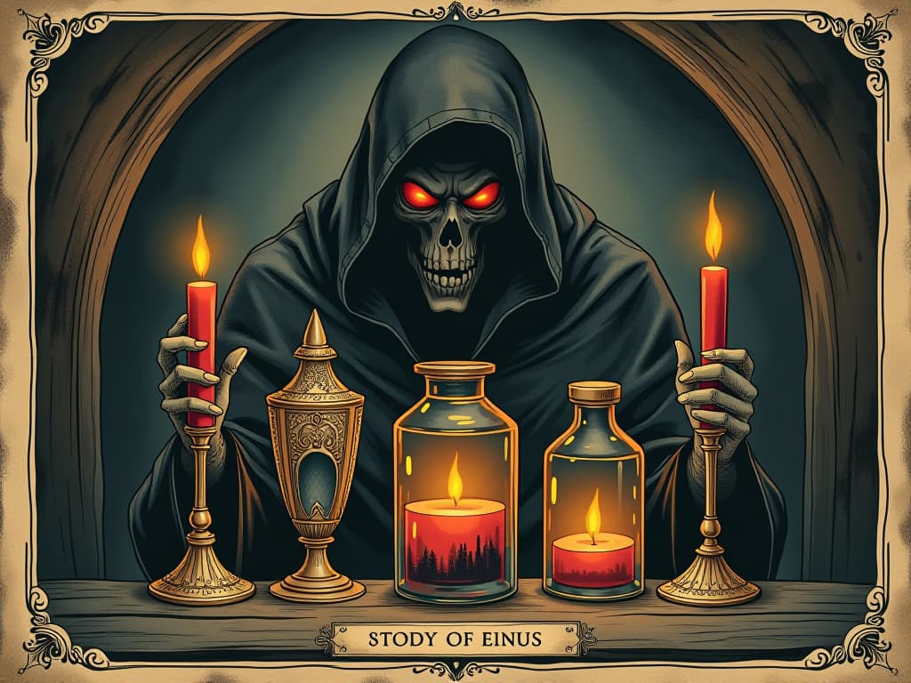  objects with harmful magical influences, guarded against eyes of envy, mystical barriers, dark and ominous setting. an illustration in the style of a worn, mystical old tarot trump card, mysterious and elements of surrealism. the colors are muted, somber and eerie, but with contrast bring out an occult and esoteric vibe.