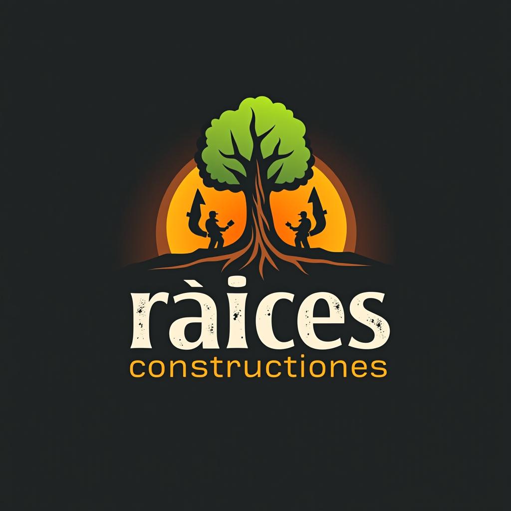  design a logo, make me a logo that says roots constructions in spanish that has roots in the earth but that those roots are streets, with two backhoes, with the text 'raices construcciones '.