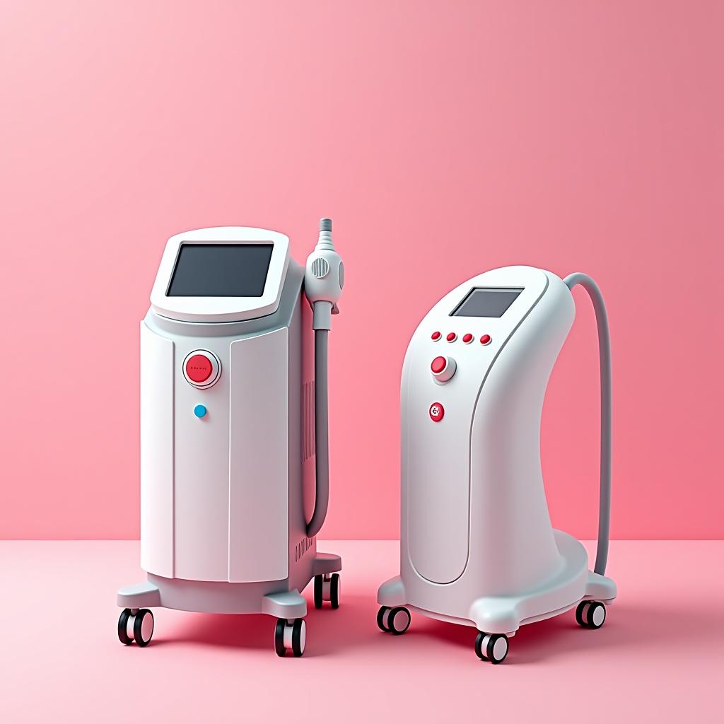  the pink background features two devices: the first device is a diode laser hair removal machine, and the second device drawn next to it is a photoepilation machine.