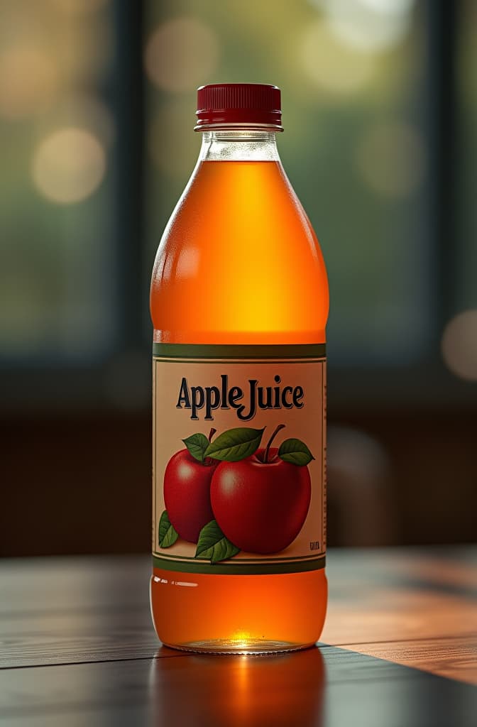  a applejuice plastic bottle with a wrap around label very realistic hyperrealistic, full body, detailed clothing, highly detailed, cinematic lighting, stunningly beautiful, intricate, sharp focus, f/1. 8, 85mm, (centered image composition), (professionally color graded), ((bright soft diffused light)), volumetric fog, trending on instagram, trending on tumblr, HDR 4K, 8K