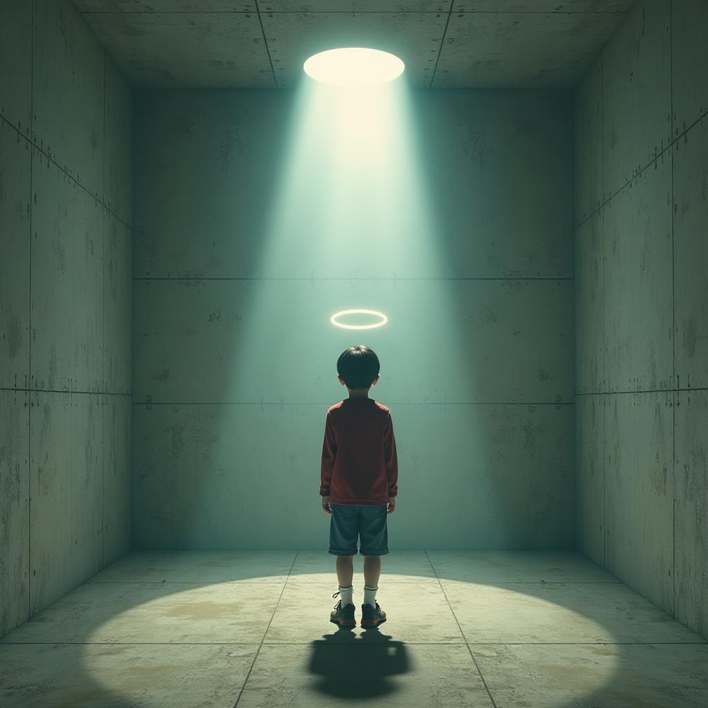  a boy that is standing in a room, unpublished photo of ufo, square enix cinematic art, concrete wall ) ], grafity, ufo, realistic photo shoot, by mary elizabeth price, korean artist, npc with a saint's halo, museum photo, unknown space, shadow polaroid photo, 2d anime style hyperrealistic, full body, detailed clothing, highly detailed, cinematic lighting, stunningly beautiful, intricate, sharp focus, f/1. 8, 85mm, (centered image composition), (professionally color graded), ((bright soft diffused light)), volumetric fog, trending on instagram, trending on tumblr, HDR 4K, 8K