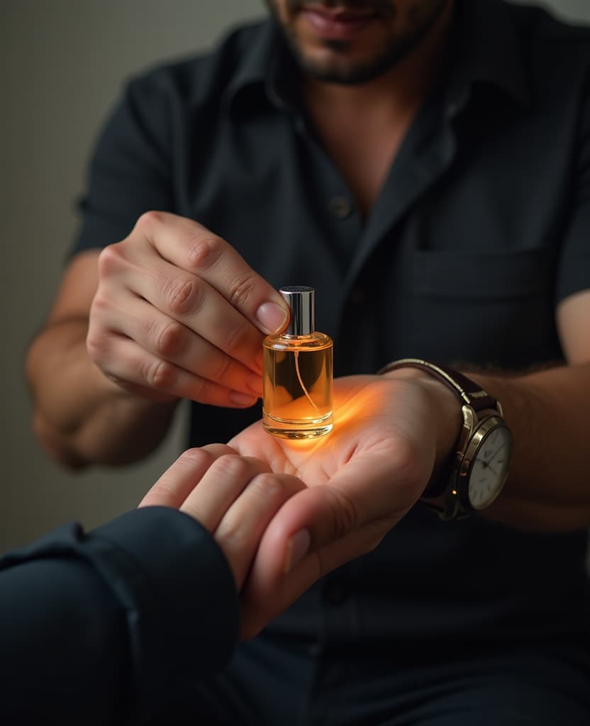  hdr photo of man demonstration of the application process on the wrist with a small perfume, hands, it is convenient to use our product . high dynamic range, vivid, rich details, clear shadows and highlights, realistic, intense, enhanced contrast, highly detailed