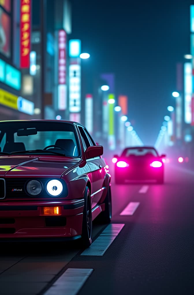  bmw m3 e30 in tokyo city whit pink blue lights next to toyota supra mk 4 and nisan gtr hyperrealistic, full body, detailed clothing, highly detailed, cinematic lighting, stunningly beautiful, intricate, sharp focus, f/1. 8, 85mm, (centered image composition), (professionally color graded), ((bright soft diffused light)), volumetric fog, trending on instagram, trending on tumblr, HDR 4K, 8K