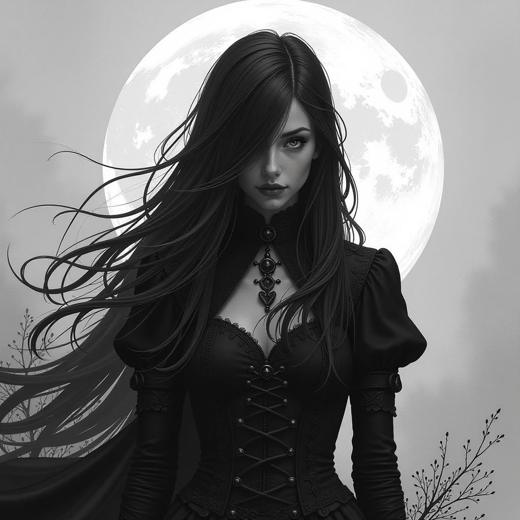  gothicgirl long hair castle. in monochrome, black and white, shades of gray style