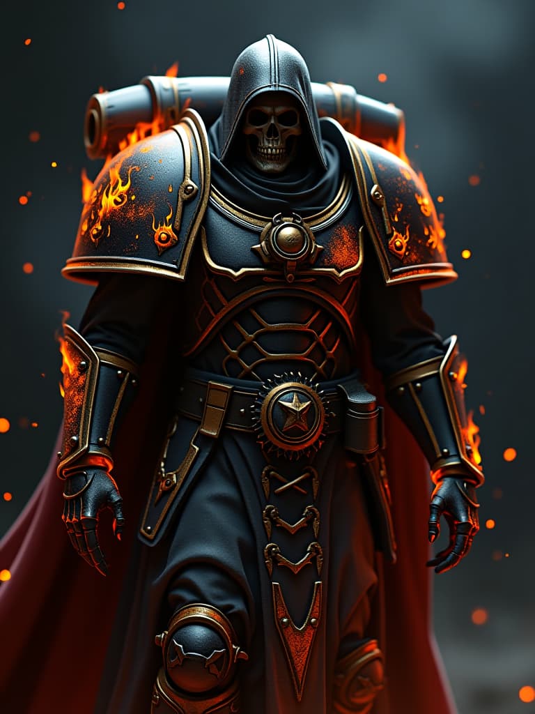  macabre style dark silueth of armored shadow, warhammer 40000 reference, highle detailed, full hd, space marine, legion of damned, covered in orange flame, bones ornamets on black armor, black space on background . dark, gothic, grim, haunting, highly detailed hyperrealistic, full body, detailed clothing, highly detailed, cinematic lighting, stunningly beautiful, intricate, sharp focus, f/1. 8, 85mm, (centered image composition), (professionally color graded), ((bright soft diffused light)), volumetric fog, trending on instagram, trending on tumblr, HDR 4K, 8K