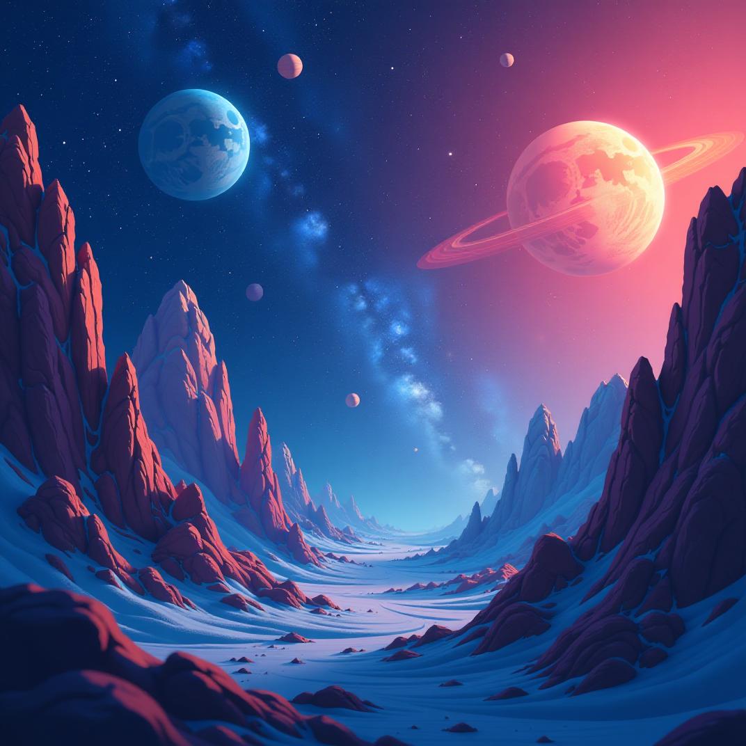  imagine a 3d anime style cartoon background designed for a space adventure theme. the scene is layered to enhance depth and detail. the first layer sets the foundation with a basic cartoon background depicting the vastness of space. the second layer adds intricate details related to the space theme, such as distant galaxies and spacecraft. the third layer incorporates subtly blurred, extremely close up elements at the edges, like nearby stars or small asteroids, adding a sense of immediacy and depth to the scene. this composition creates a dynamic and immersive space exploration atmosphere.