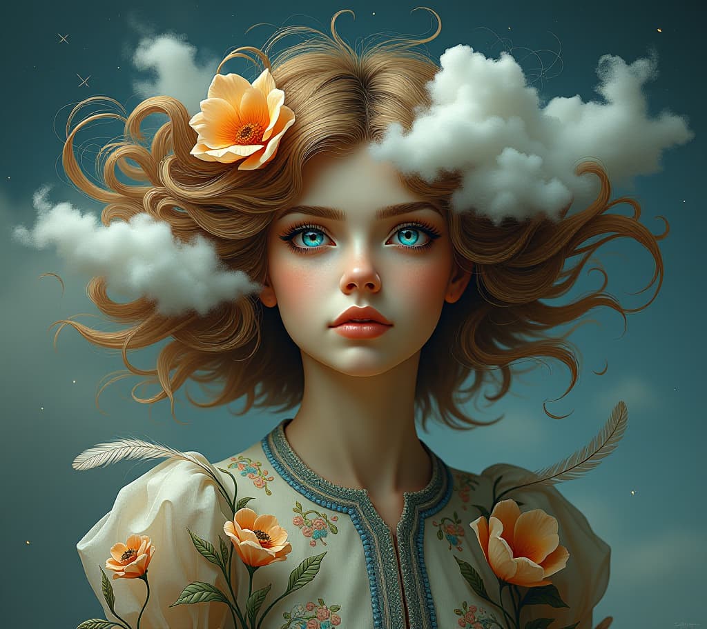  create a series of imaginative portraits where each subject is infused with elements of fantasy and nature. the hair of the individuals should flow like clouds, varying from soft, fluffy cumulus to wispy cirrus strands, with hints of color reflecting a sunset or a clear blue sky. the eyes should be windows to entire galaxies, with stars, nebulae, and distant planets visible within them. clothing should be adorned with nature motifs, such as floral patterns that bloom and change, vines that seem to grow and wrap around, or feathers that shimmer with iridescence. each portrait should capture a unique personality, blending human features with the ethereal beauty of the natural and cosmic world. the backgrounds can vary, from starry night skies