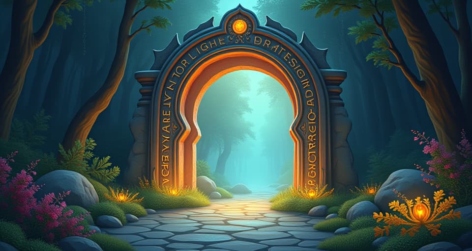  enchanted gateway, carved with intricate, luminous runes, opening to a bright, ethereal future. surrounding magical forest, glowing flora, and an atmosphere of celestial guidance and inspiration.. the style is digital art illustration,highly detailed, whimsical,magical, dreamlike atmosphere, realism and fantasy blend, smooth, glossy textures,luminous quality, wonder and enchantment.