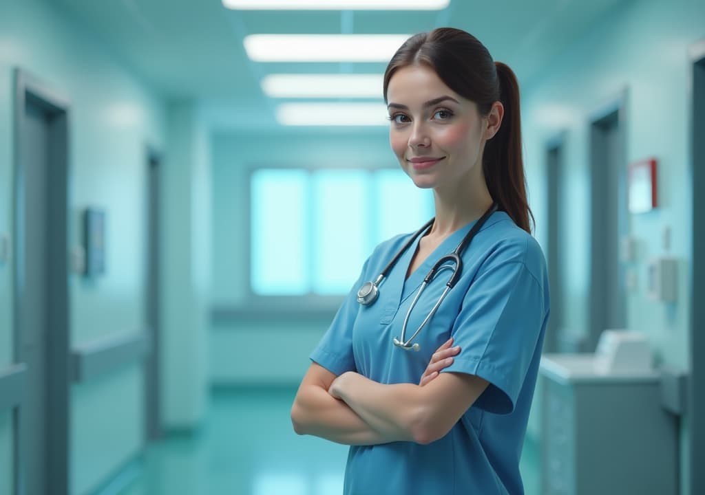  illustration of a female surgeon standing in a hospital setting, high quality, high details, hd, perfect composition, 4k epic detailed, highly detailed, sharp focus, high resolution