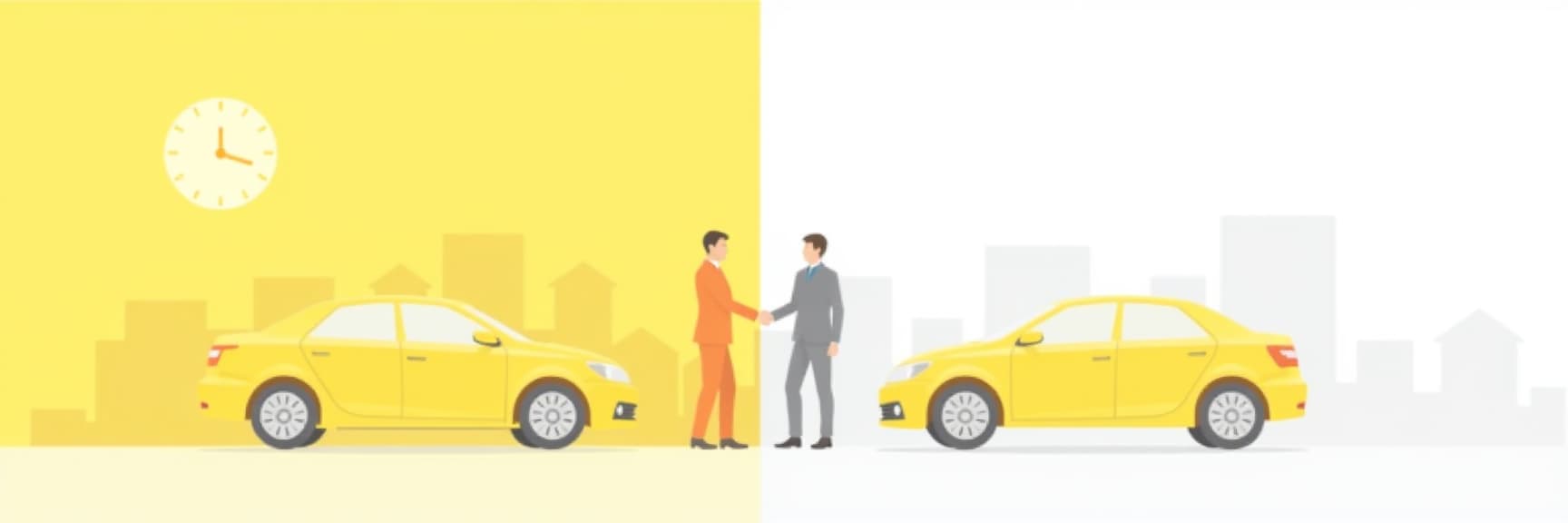  a vector image. minimalism. the colors are yellow, gray, and white. the background is white. the image is divided into two parts. on the left side there are two cars, two people shaking hands next to each other. the clock, the city in the background, houses. the right side of the image is empty