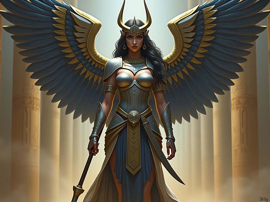  warrior goddess, powerful and large busted, shimmering silver armor, standing guard at a boundary line, protective and formidable. the style is digital art illustration / modern comic book / mysterious occult, symbolic, esoteric vibe,high detail on character design, incorporating ancient egyptian symbology and attire.