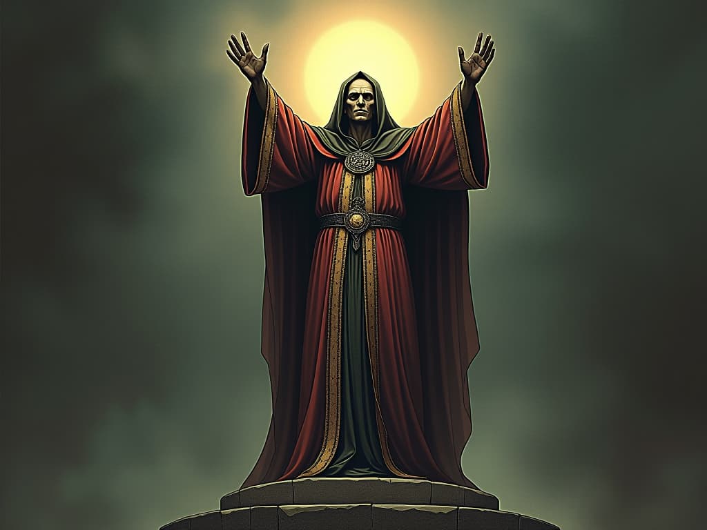  figure in elaborate ceremonial robes, standing on a stone dais, arms lifted in acceptance, soft light illuminating face, expression of calm seriousness, sacred and resolute. an illustration in the style of a worn, mystical old tarot trump card, mysterious and elements of surrealism. the colors are muted, somber and eerie, but with contrast bring out an occult and esoteric vibe.