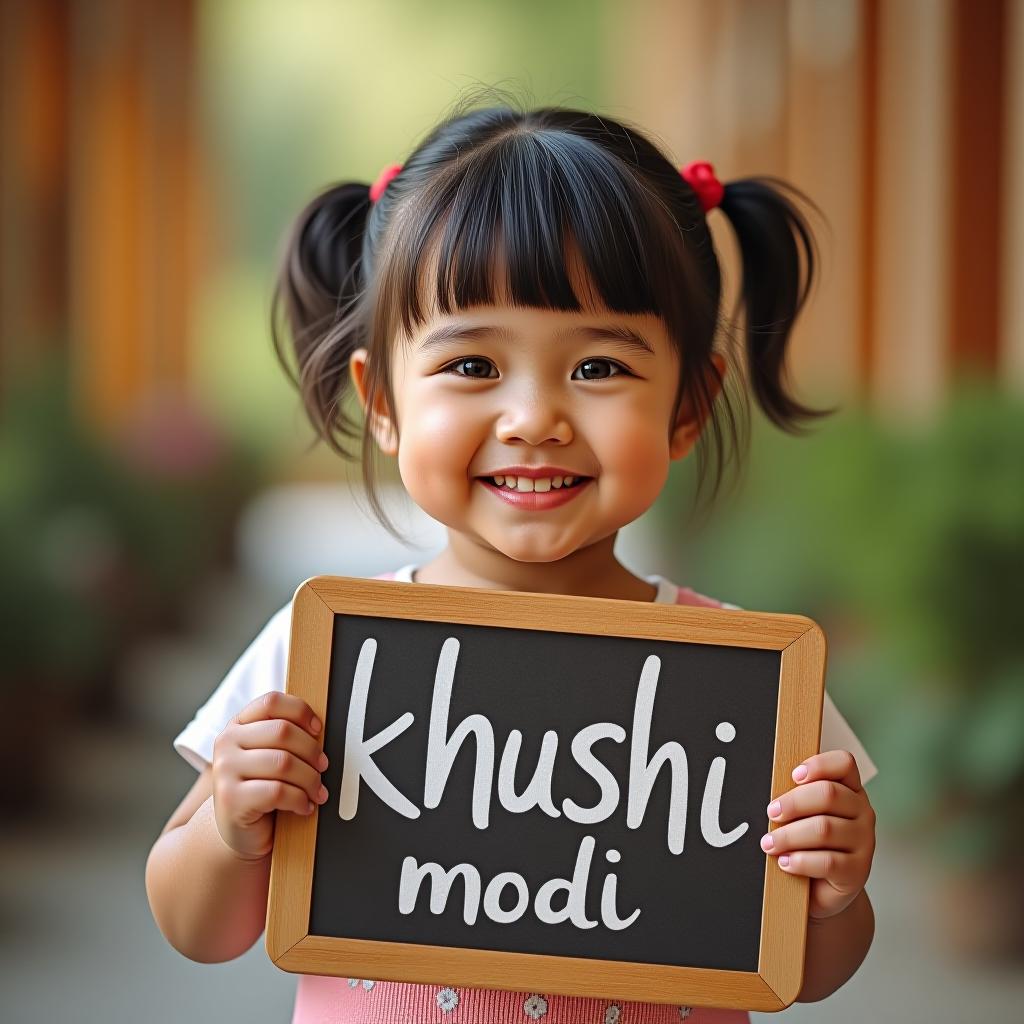  a cute tiny girl smiling with holding board written text "khushi modi"