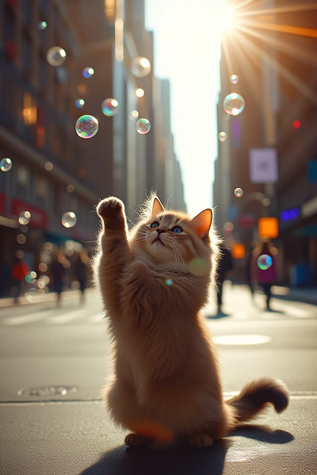  a cat with fluffy fur, joyfully batting at colorful bubbles floating in the air, surrounded by the vint streets of new york city. the sun is shining, casting a warm glow on the scene, with tall buildings and bustling pedestrians in the background. water vapor gently rises around the cat, creating a magical atmosphere, while the bubbles reflect the city's bright colors, enhancing the mood of the moment.