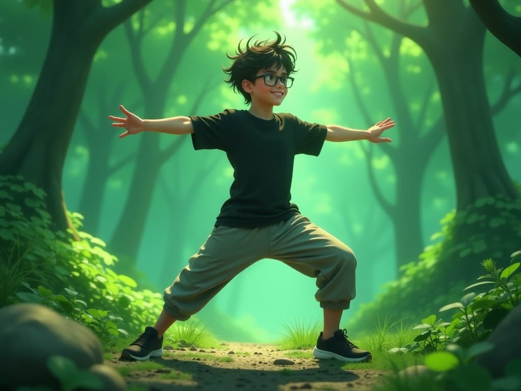  a handsome boy striking up a heroic pose in the middle of a greenish jewelled forest, cinematic lighting, he has worn half sleeved black velvet t shirt with a grey jogger pant, his black shoes are set in a surface of emerald, his swirling hair dances with air, beautiful spectacle lights up his face with a marvelous smile, beautiful ambience, anime style hyperrealistic, full body, detailed clothing, highly detailed, cinematic lighting, stunningly beautiful, intricate, sharp focus, f/1. 8, 85mm, (centered image composition), (professionally color graded), ((bright soft diffused light)), volumetric fog, trending on instagram, trending on tumblr, HDR 4K, 8K