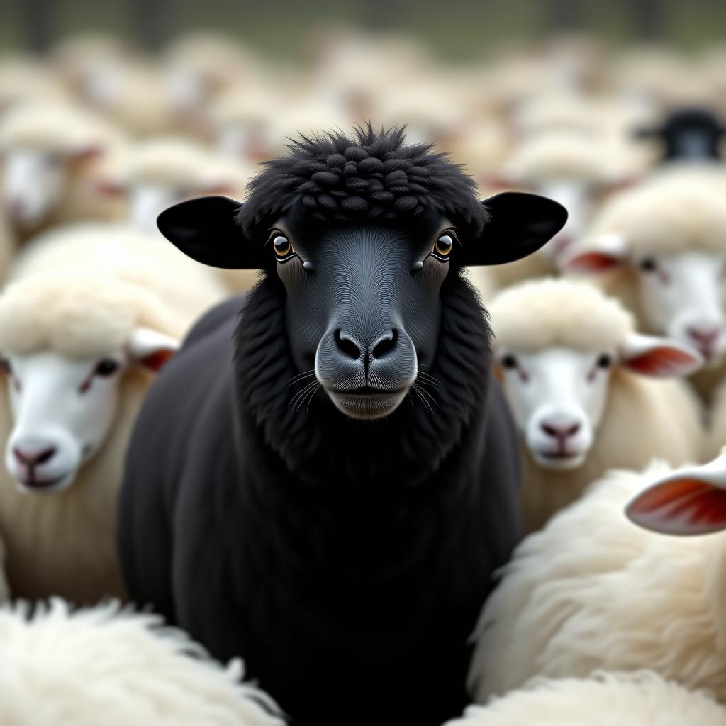  a black sheep among a flock of white sheep, raising head as a leader concept of standing out from the crowd, of being different and unique with its own identity and special skills among the others