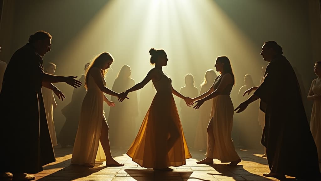  an interpretive dance scene symbolizing the confusion of tongues at babel, capturing the movement and emotions of the struggle for communication. hyperrealistic, full body, detailed clothing, highly detailed, cinematic lighting, stunningly beautiful, intricate, sharp focus, f/1. 8, 85mm, (centered image composition), (professionally color graded), ((bright soft diffused light)), volumetric fog, trending on instagram, trending on tumblr, HDR 4K, 8K