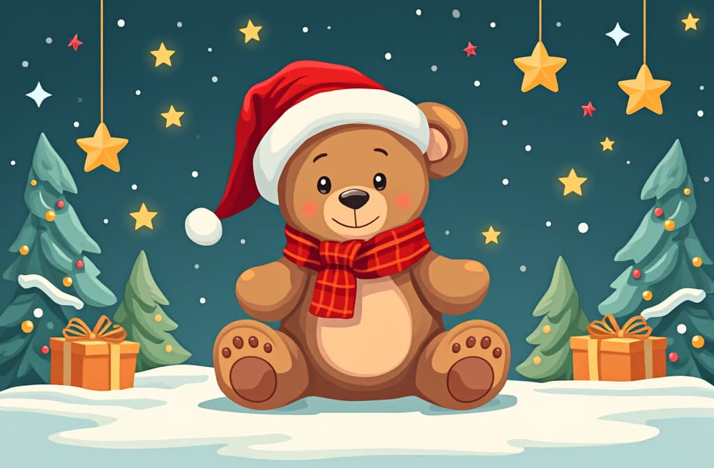  flat illustration, flaticon, (illustration:1.15), teddy bear in santa hat on background with christmas decorations ar 3:2, [cory loftis, strobist, pascal campion :: 0.2]