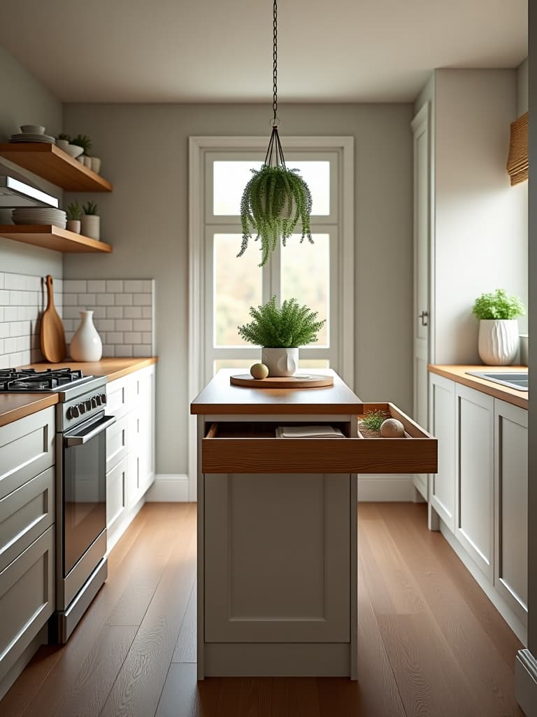  high quality portrait photo of a narrow, console style kitchen island with a slide out work surface, hanging pot rack, and built in herb garden, placed in a bright, scandinavian inspired small kitchen hyperrealistic, full body, detailed clothing, highly detailed, cinematic lighting, stunningly beautiful, intricate, sharp focus, f/1. 8, 85mm, (centered image composition), (professionally color graded), ((bright soft diffused light)), volumetric fog, trending on instagram, trending on tumblr, HDR 4K, 8K