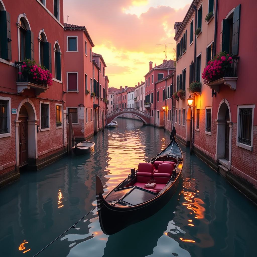  depict an image of a romantic gondola ride through the canals of venice at sunset, with reflections of colorful buildings on the water and flower adorned balconies.