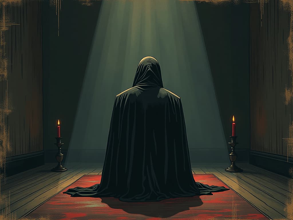  darkened room, figure sitting alone, backlit, subtle spotlight highlighting a dismissive glance, cold, detached vibe. an illustration in the style of a worn, mystical old tarot trump card, mysterious and elements of surrealism. the colors are muted, somber and eerie, but with contrast bring out an occult and esoteric vibe.