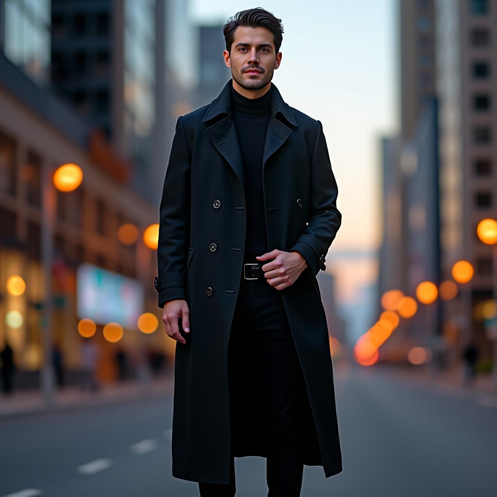  create a high resolution image of a man in a full body shot standing confidently in a stylish trench coat made of linen fabric with intricate embroidered design in black color, set against an urban cityscape backdrop at dusk.