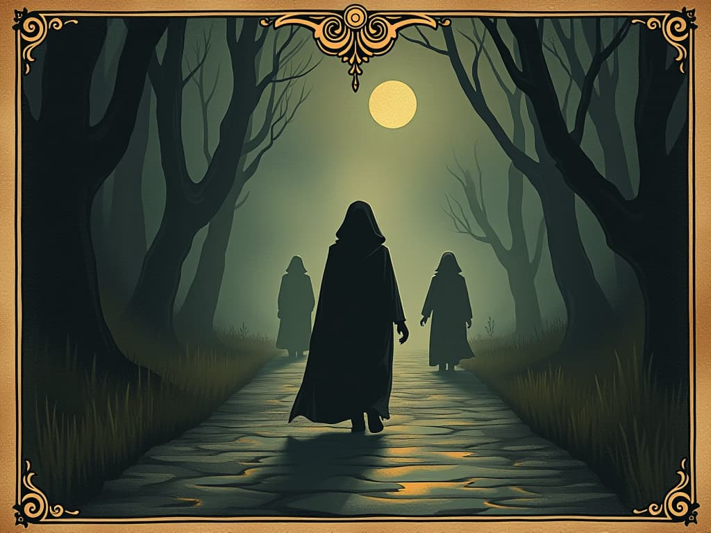  shadowy figures, faint glows indicating silent activity, a figure walking a path with serene expressions, comfort in solitude, subtle guardianship, protection. an illustration in the style of a worn, mystical old tarot trump card, mysterious and elements of surrealism. the colors are muted, somber and eerie, but with contrast bring out an occult and esoteric vibe.